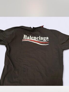 New with tags. Balenciaga Black Graphic Logo Tee with Red & White Wave